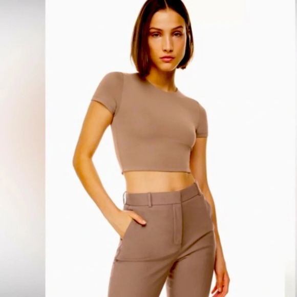 Babaton Aritzia contour crew brown crop top size XXS short sleeve fitted crop - Picture 1 of 7